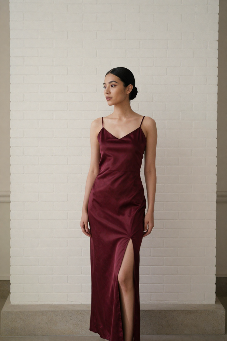 ChinesePortal muse in a burgundy satin gown before the plain screen wall
